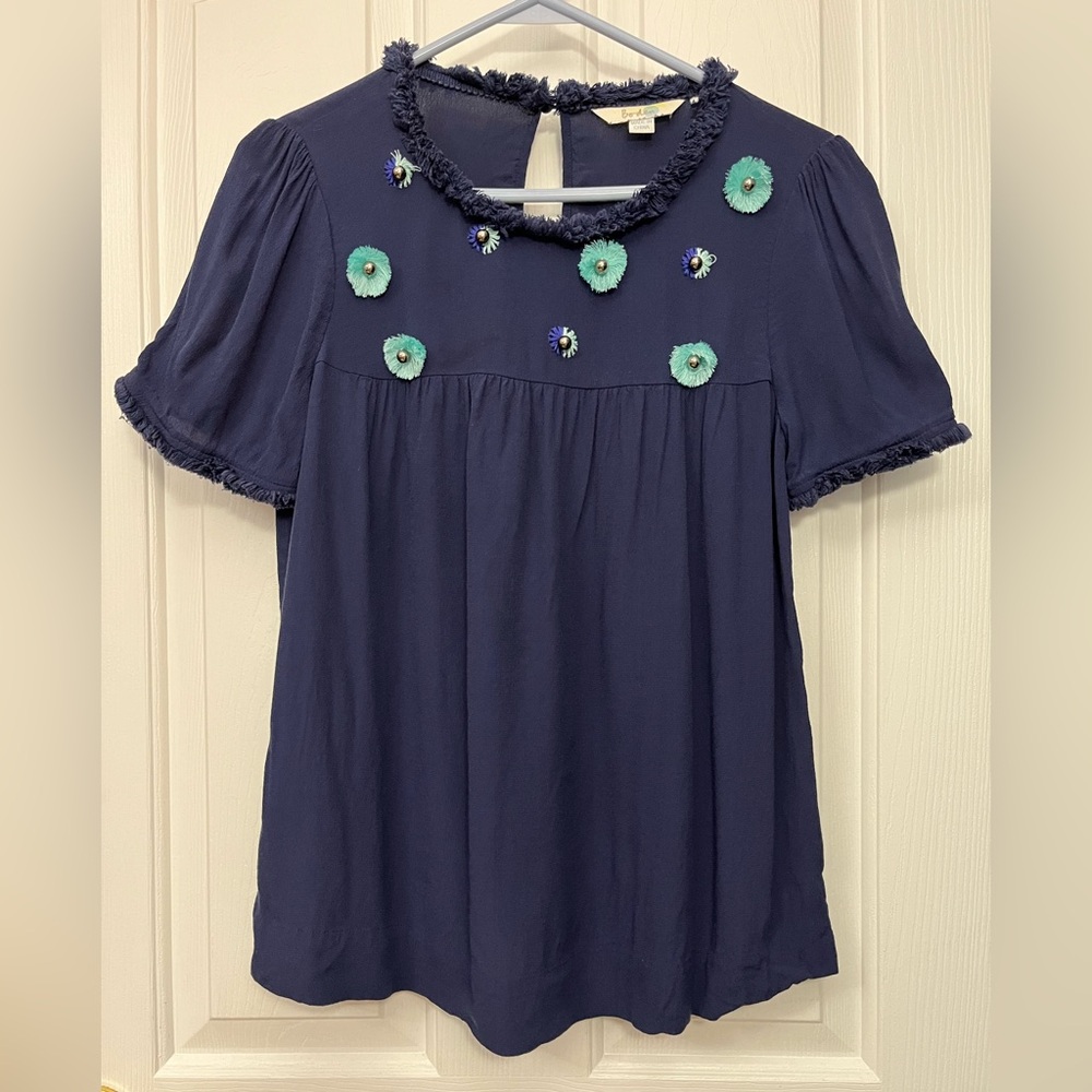 Boden Women’s Flowy Boho Flower Embroidered Cap Sleeve Fringe Top Size 6